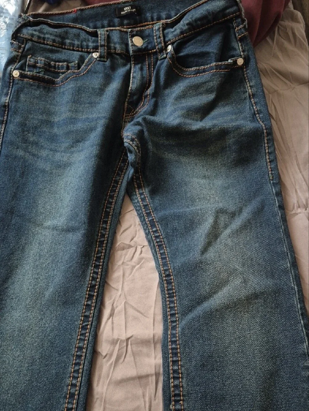 True Religion Skinny Jeans in Faded Blue with Green Stitching